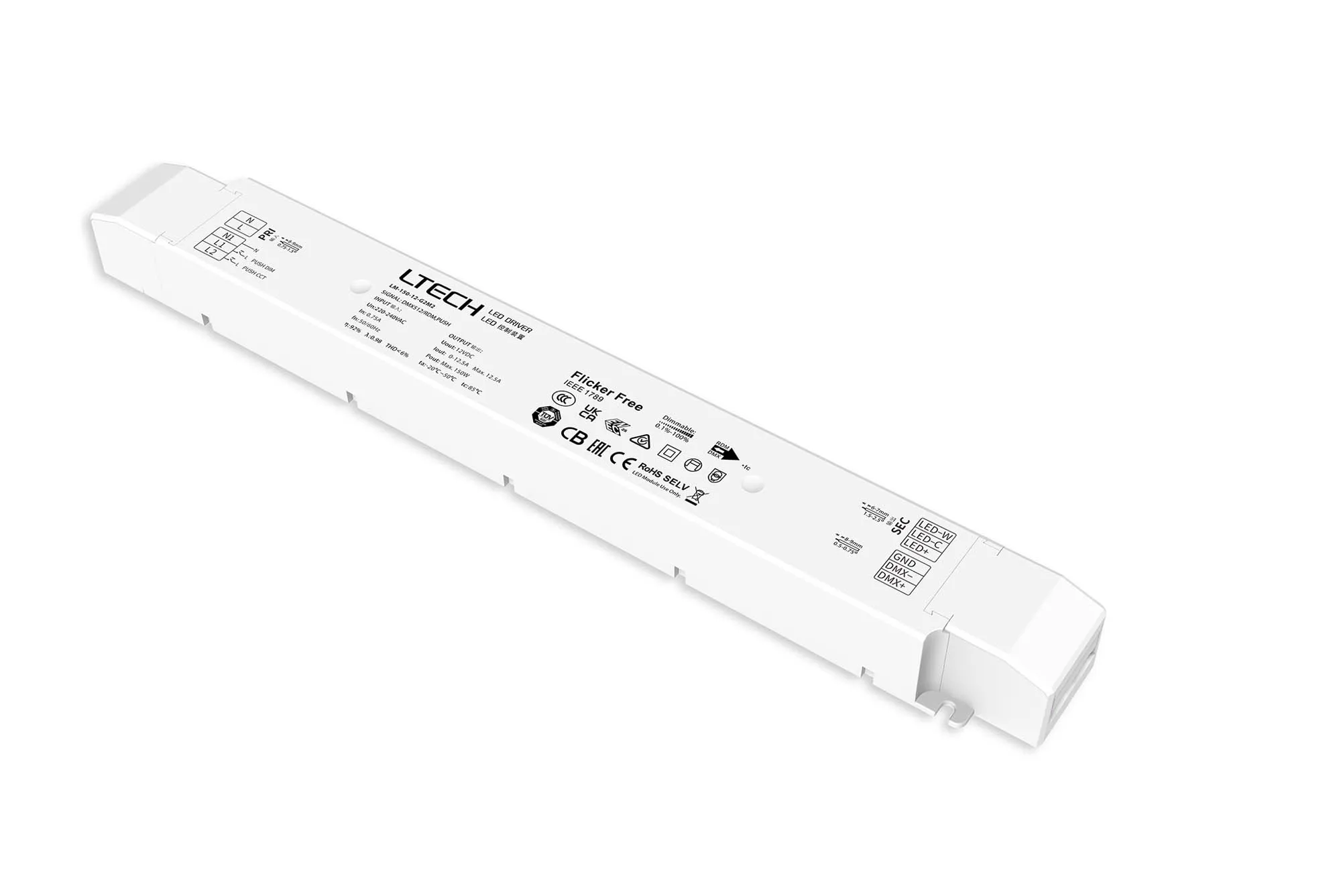LM-150-12-G2M2  DMX512/RDM/Push DIM/CCT, 0-100% Dim, CV 150W, 12Vdc 12.5A, 200-240Vac, IP20, 5yrs Warranty.